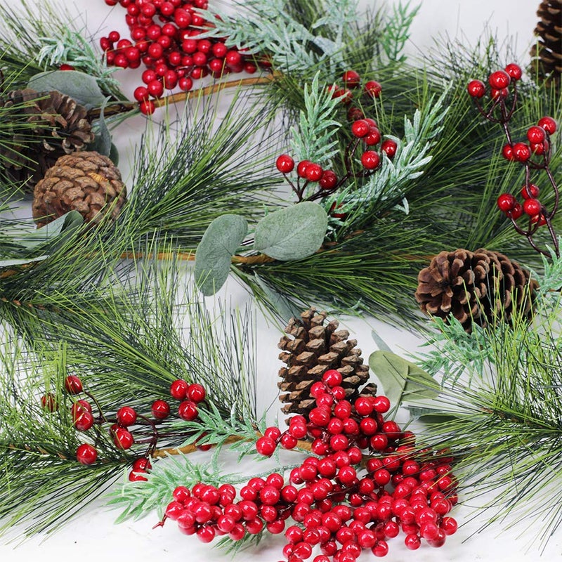 windiy 6' Long Christmas Artificial Pine Needle Garland Wired Rustic Twig Vine Birch with Assorted Faux Red Berries Eucalyptus Leaves Natural Pine Cones Fir Sprigs Holiday Season Winter Decor - Image 3